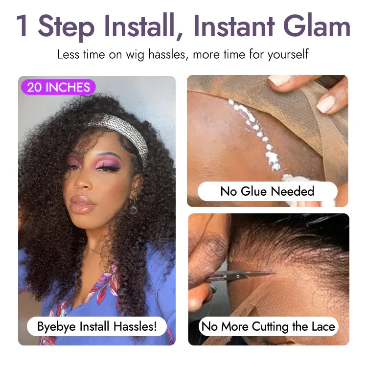 Natural Black Jerry Curly No Lace Glueless Free Part Long Headband Wig 100% Human Hair (Get Free Trendy Headbands)